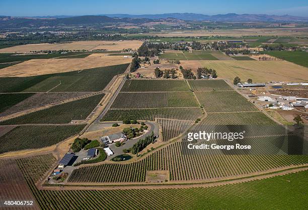 Prime farm and vineyard land sit at the edge of the San Francisco Bay as viewed from the air on June 22 near Petaluma, California. Growth has become...