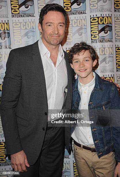 Actors Hugh Jackman and Levi Miller attend the Warner Bros. 'Pan' presentation during Comic-Con International 2015 at the San Diego Convention Center...