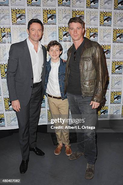 Actors Hugh Jackman, Levi Miller and Garrett Hedlund attend the Warner Bros. 'Pan' presentation during Comic-Con International 2015 at the San Diego...