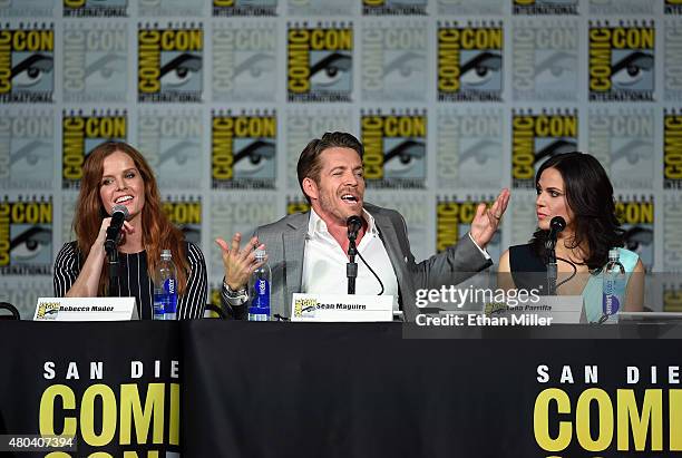 Actress Rebecca Mader, actor Sean Maguire and actress Lana Parrilla attend the "Once Upon a Time" panel during Comic-Con International 2015 at the...