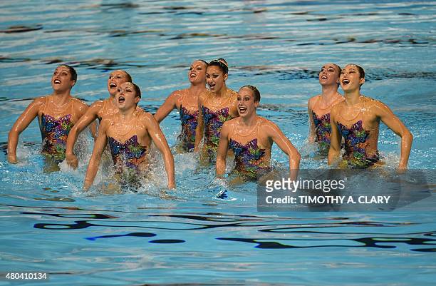The US team competes during the Synchronized Swimming Team Finals at the Toronto 2015 Pan American Games in Toronto, Canada July 11, 2015. Canada won...