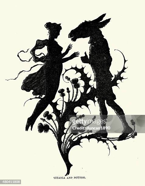 midsummer night's dream - silhouette of titania and bottom - william shakespeare stock illustrations