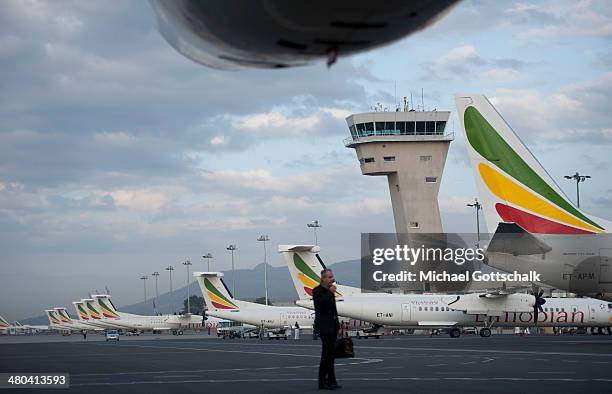 Planes of Ethiopian Airlines on the airport on March 24, 2014 in Addis Abeba, Ethiopia.