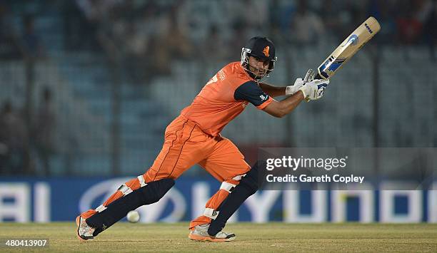 Mudassar Bukhari of the Netherlands bats during the ICC World Twenty20 Bangladesh 2014 Group 1 match between Sri Lanka and the Netherlands at Zahur...