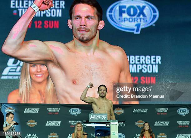 Jake Ellenberger steps onto the scale during the TUF 21 Finale Weigh-in at the UFC Fan Expo in the Sands Expo and Convention Center on July 11, 2015...