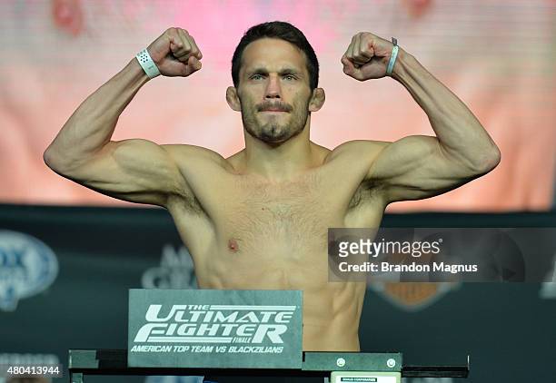 Jake Ellenberger steps onto the scale during the TUF 21 Finale Weigh-in at the UFC Fan Expo in the Sands Expo and Convention Center on July 11, 2015...