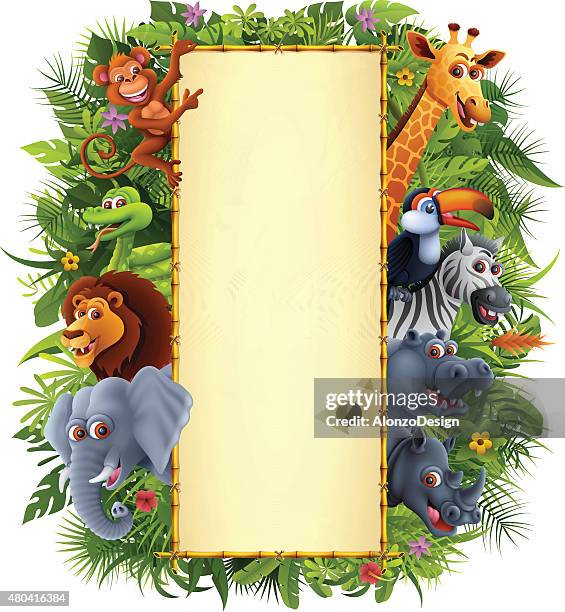 dschungel tiere und bambus-schild - zoo stock-grafiken, -clipart, -cartoons und -symbole