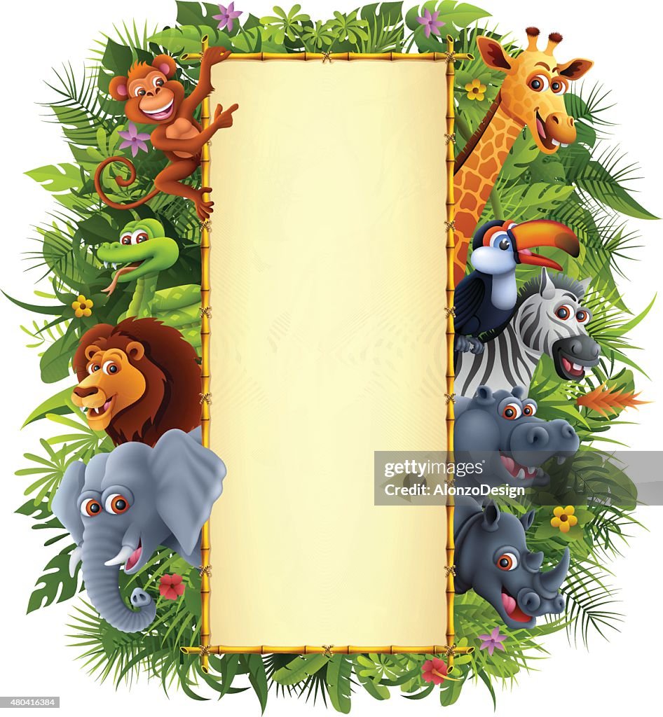 Jungle Animals and Bamboo Sign