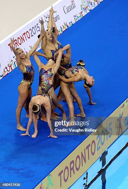 The USA win Bronze in the Synchronized Swimming Team Free Routine during the Toronto 2015 Pan Am Games at the CIBC Aquatic Centre on July 11, 2015 in...