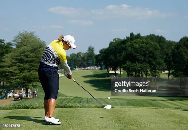 Amy Yang of South Korea hits her tee shot on the 11th hole during the third round of the U.S. Women's Open at Lancaster Country Club on July 11, 2015...