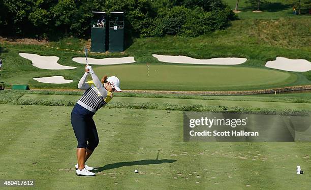 Amy Yang of South Korea hits her tee shot on the 12th hole during the third round of the U.S. Women's Open at Lancaster Country Club on July 11, 2015...