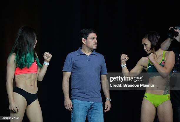 Angela Magana and Michelle Waterson face off during the TUF 21 Finale Weigh-in at the UFC Fan Expo in the Sands Expo and Convention Center on July...