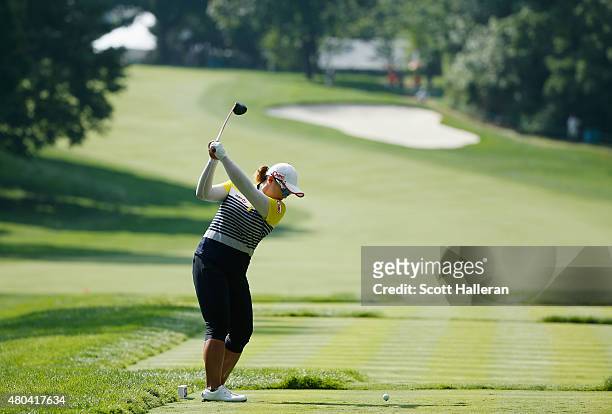 Amy Yang of South Korea hits her tee shot on the 13th hole during the third round of the U.S. Women's Open at Lancaster Country Club on July 11, 2015...