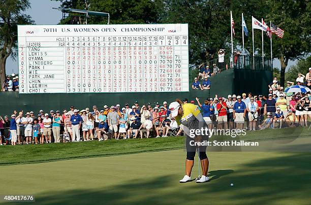 Amy Yang of South Korea watches her birdie attempt on the 18th green during the third round of the U.S. Women's Open at Lancaster Country Club on...