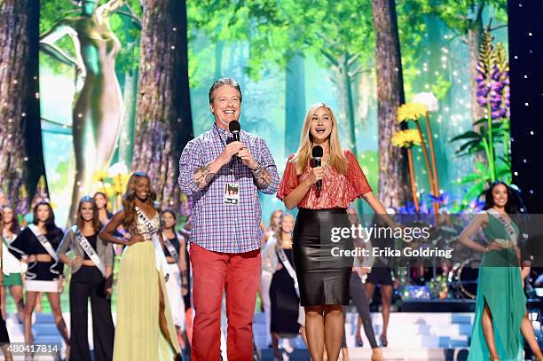 Todd Newton and Alex Wehrley rehearse onstage during the 2015 Miss USA Pageant Rehearsals at The Baton Rouge River Center on July 11, 2015 in Baton...