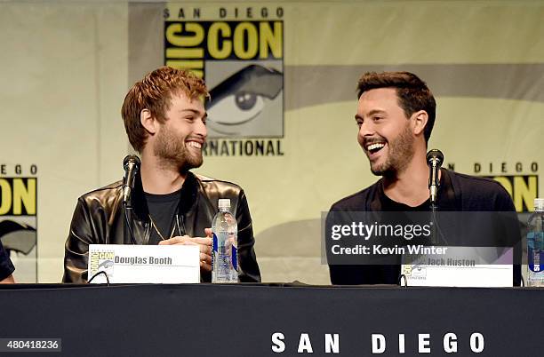 Actors Douglas Booth and Jack Huston speak onstage at the Screen Gems panel for "Patient Zero" and "Pride and Prejudice and Zombies" during Comic-Con...