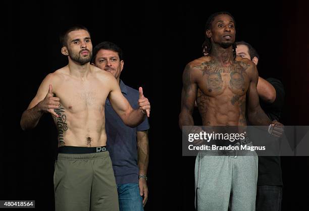 Darrell Montague and Willie Gates face off during the TUF 21 Finale Weigh-in at the UFC Fan Expo in the Sands Expo and Convention Center on July 11,...