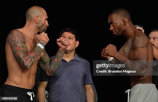 George Sullivan and Dominic Waters face off during the TUF 21 Finale Weigh-in at the UFC Fan Expo in the Sands Expo and Convention Center on July 11,...