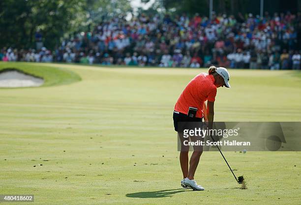Stacy Lewis of the United States hits her second shot on the 13th hole during the third round of the U.S. Women's Open at Lancaster Country Club on...