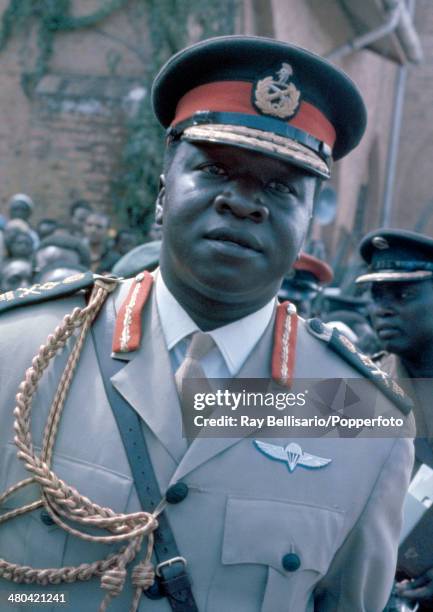 Idi Amin, third president of Uganda, at the state funeral of King Freddie , who was its first president and King of Buganda, circa April 1971. King...