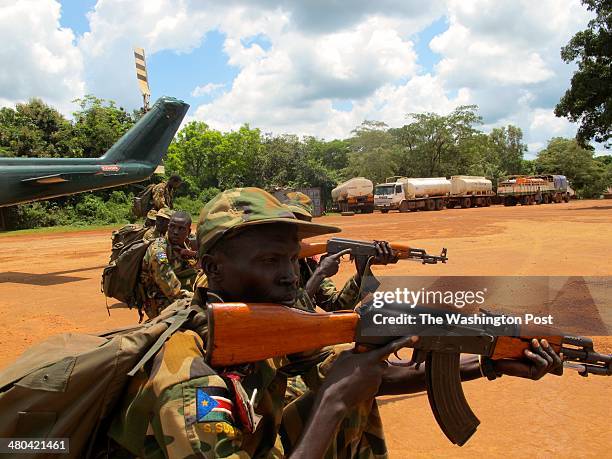 South Sudanese troops practice dismounting from a helicopter at a U.S.-run base in Nzara, South Sudan.