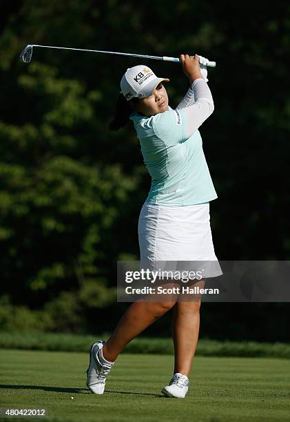 Inbee Park of South Korea watches her tee shot on the 17th hole during the third round of the U.S. Women's Open at Lancaster Country Club on July 11,...