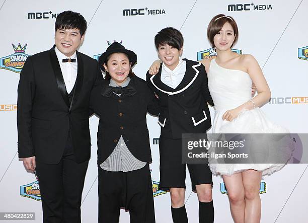 Shin-Dong of Super Junior, Kim Shin-Young, Amber of f and Eung-Jung of T-ara pose for photographs during the MBC Music 'Show Champion' 100th...