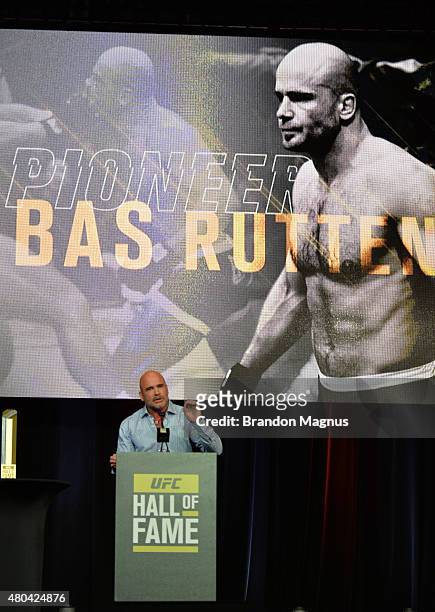 Bas Rutten gives his acceptance speech as he is inducted into the UFC Hall of Fame at the UFC Fan Expo in the Sands Expo and Convention Center on...