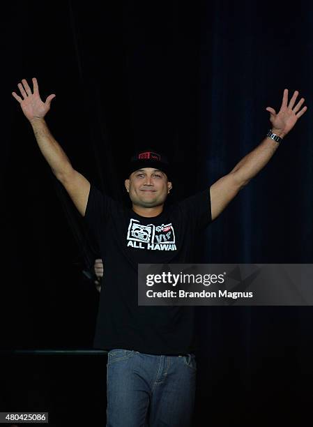 Penn walks onto the stage before being inducted into the UFC Hall of Fame at the UFC Fan Expo in the Sands Expo and Convention Center on July 11,...