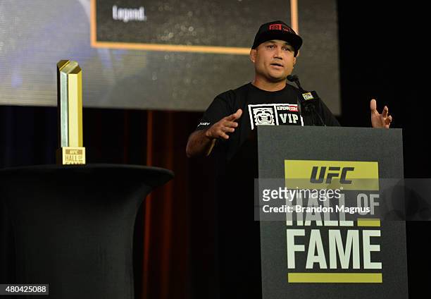 Penn gives his acceptance speech as he is inducted into the UFC Hall of Fame at the UFC Fan Expo in the Sands Expo and Convention Center on July 11,...