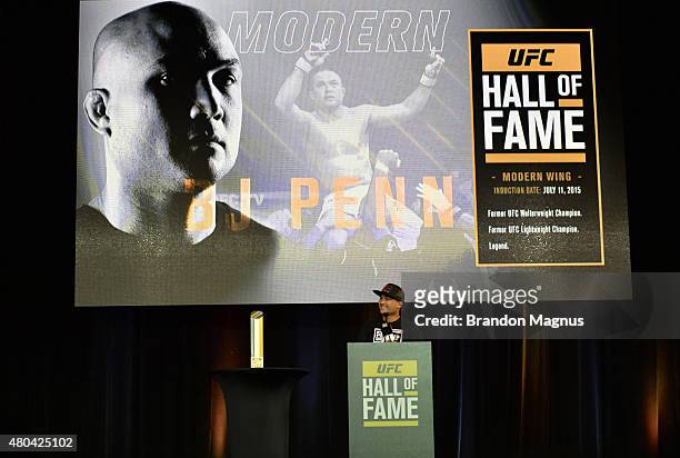 Penn gives his acceptance speech as he is inducted into the UFC Hall of Fame at the UFC Fan Expo in the Sands Expo and Convention Center on July 11,...