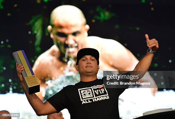 Penn receives his award as he is inducted into the UFC Hall of Fame at the UFC Fan Expo in the Sands Expo and Convention Center on July 11, 2015 in...