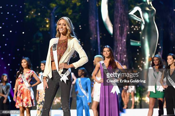 Miss Ohio rehearses onstage during the 2015 Miss USA Pageant Rehearsals only on ReelzChannel at The Baton Rouge River Center on July 11, 2015 in...