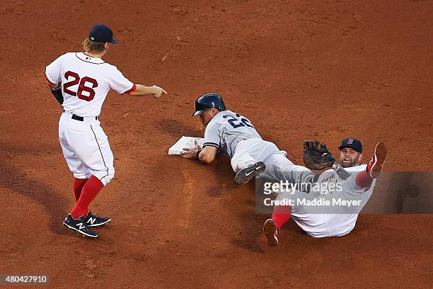 Jacoby Ellsbury of the New York Yankees is called out at second after being caught in a run down between Mike Napoli of the Boston Red Sox and Brock...