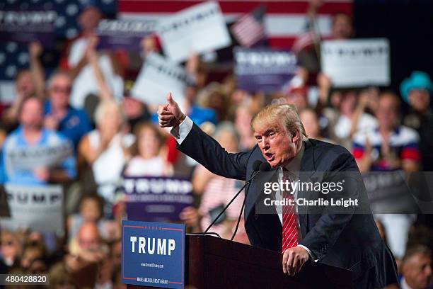 Republican Presidential candidate Donald Trump addresses supporters during a political rally at the Phoenix Convention Center on July 11, 2015 in...