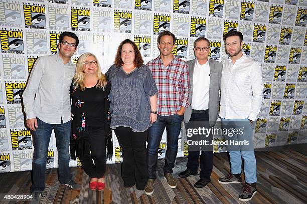 Actors Dan Mintz, Paula Pell, Emily Spivey, Seth Meyers, writer Michael Shoemaker and actor Taran Killam attend Hulu's "The Awesomes" press room...