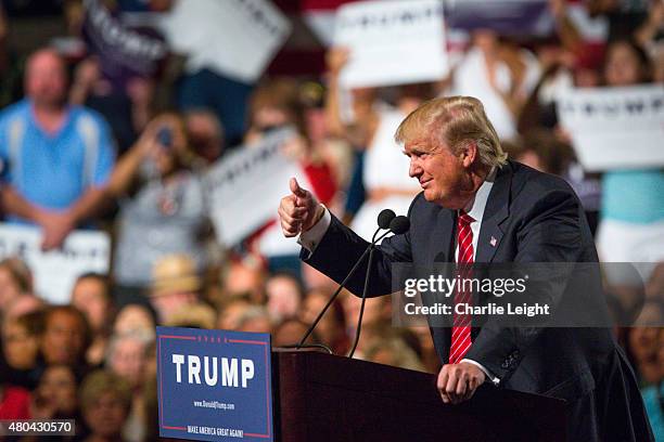 Republican Presidential candidate Donald Trump addresses supporters during a political rally at the Phoenix Convention Center on July 11, 2015 in...