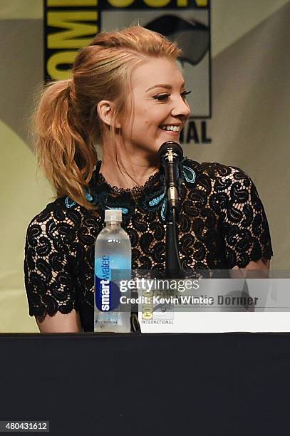 Actress Natalie Dormer speaks onstage at the Screen Gems panel for "Patient Zero" and "Pride and Prejudice and Zombies" during Comic-Con...