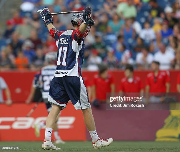 Brodie Merrill of Boston Cannons leaves the field against the Ohio Machine in the second half at Gillette Stadium on July 11, 2015 in Foxboro,...