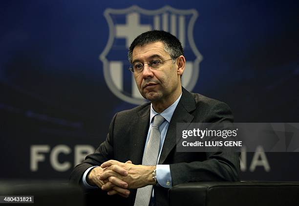 Barcelona's president Josep Maria Bartomeu answers to AFP journalists during an interview at Camp Nou stadium in Barcelona on March 24, 2014....