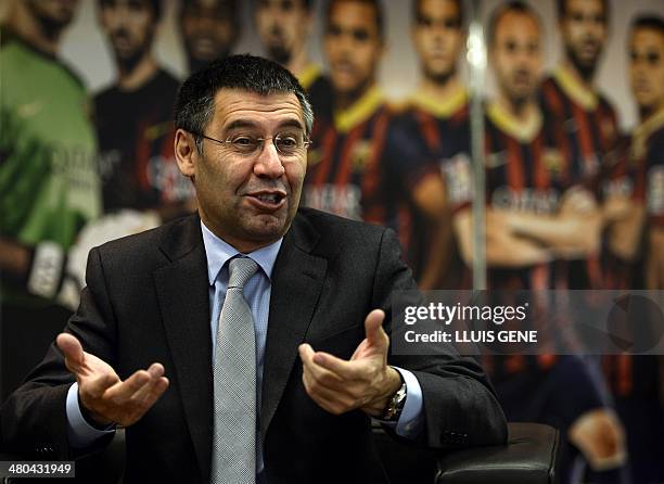 Barcelona's president Josep Maria Bartomeu answers to AFP journalists during an interview at Camp Nou stadium in Barcelona on March 24, 2014....