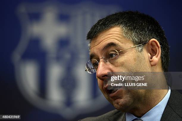 Barcelona's president Josep Maria Bartomeu answers to AFP journalists during an interview at Camp Nou stadium in Barcelona on March 24, 2014....