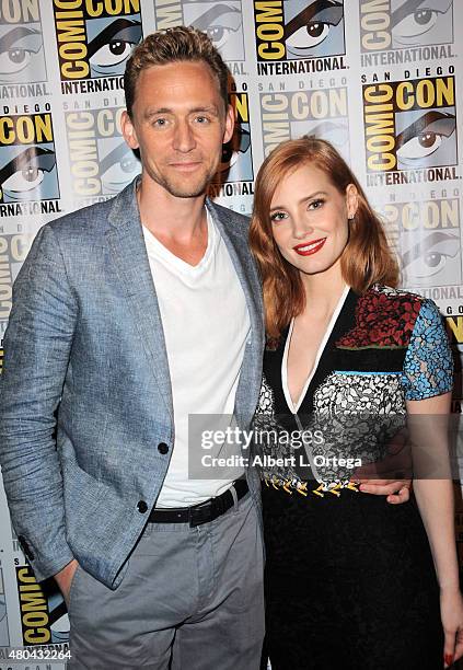 Actors Tom Hiddleston and Jessica Chastain pose at the Legendary Pictures panel during Comic-Con International 2015 the at the San Diego Convention...