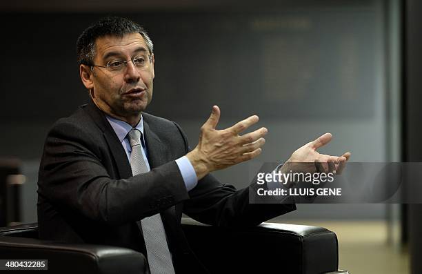 Barcelona's president Josep Maria Bartomeu answers to AFP journalists during an interview at Camp Nou stadium in Barcelona on March 24, 2014....