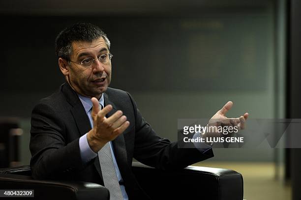 Barcelona's president Josep Maria Bartomeu answers to AFP journalists during an interview at Camp Nou stadium in Barcelona on March 24, 2014....