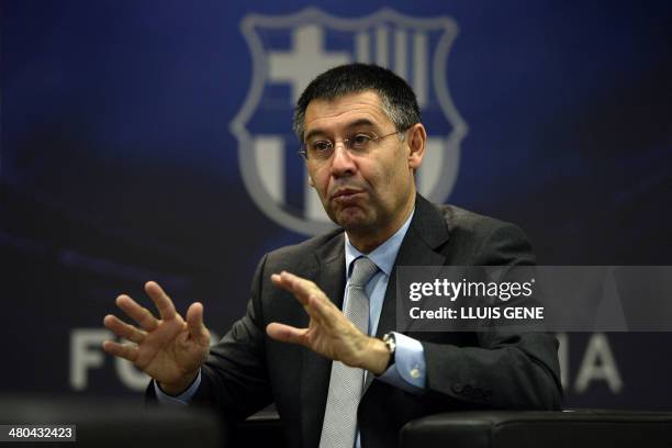 Barcelona's president Josep Maria Bartomeu answers to AFP journalists during an interview at Camp Nou stadium in Barcelona on March 24, 2014....