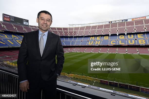 Barcelona's president Josep Maria Bartomeu poses during an interview with AFP at Camp Nou stadium in Barcelona on March 24, 2014. Bartomeu has...