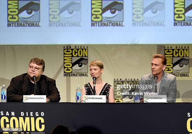 Filmmaker Guillermo del Toro, actress Mia Wasikowska and actor Tom Hiddleston from "Crimson Peak" speak onstage at the Legendary Pictures panel...