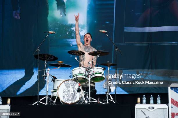 Drummer James Cassells of English metalcore group Asking Alexandria performing live on the Main Stage at Download Festival on June 14, 2013.
