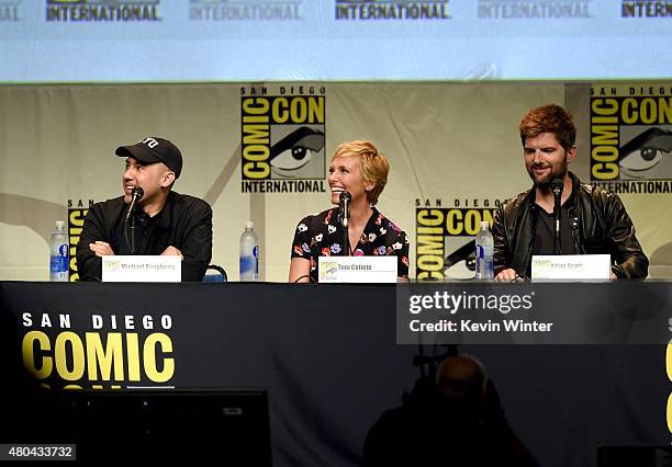 Director Michael Dougherty, actress Toni Colette and actor Adam Scott from "Krampus" speak onstage at the Legendary Pictures panel during Comic-Con...